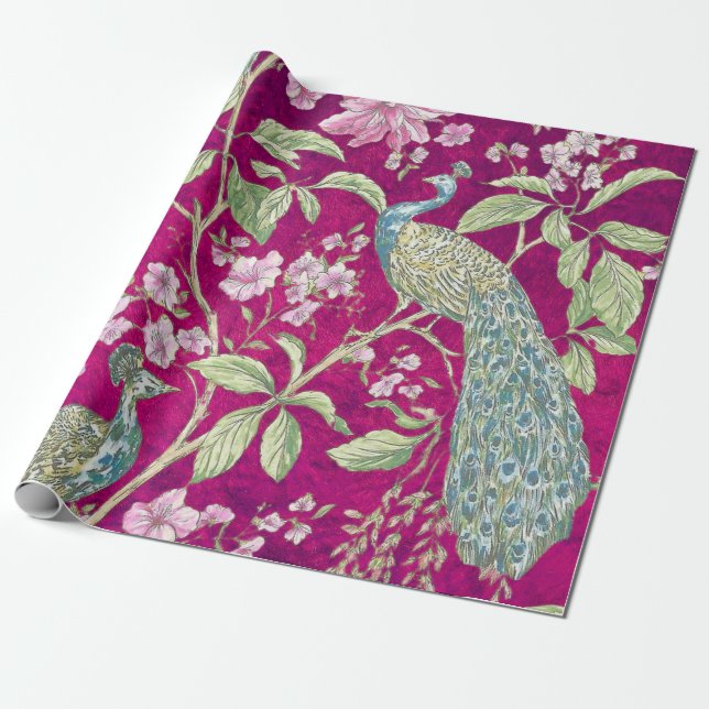 Papel De Regalo Fuchsia Chinoiserie pavo de pavo real desconexión  (Desenrollado)