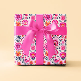 Papel De Regalo Fuchsia Patrón de flores mexicanas vibrante