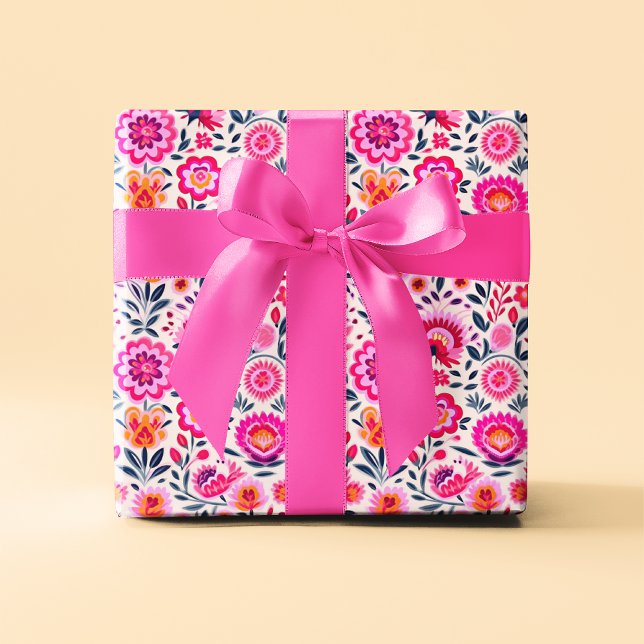 Papel De Regalo Fuchsia Patrón de flores mexicanas vibrante (Subido por el creador)