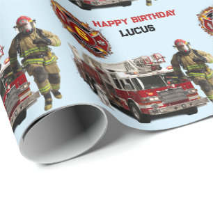 Papel De Regalo Fuego de bomberos con el nombre y la edad del niño