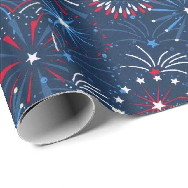 Papel De Regalo Fuegos artificiales azules del 4 de julio (Esquina del rollo)