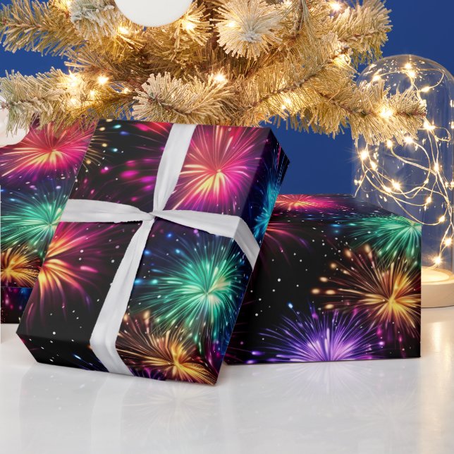 Papel De Regalo Fuegos artificiales elegantes de arcoíris sobre fo (Vacaciones)