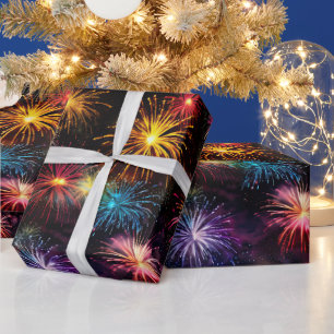 Papel De Regalo Fuegos artificiales elegantes de arcoíris sobre fo