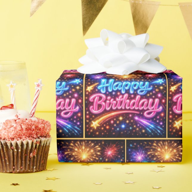 Papel De Regalo Fuegos artificiales y estrellas de cumpleaños feli (Fiesta de cumpleaños )
