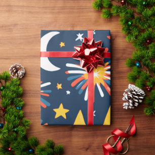 Papel De Regalo Fuegos artificiales y estrellas y luna sobre negro