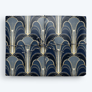 Papel De Regalo Fuente Art Déco Azul y Oro Elegante