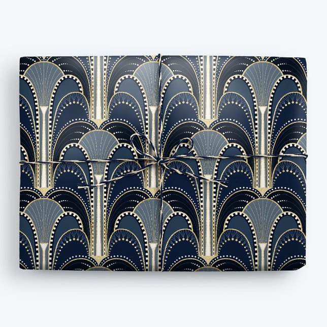 Papel De Regalo Fuente Art Déco Azul y Oro Elegante (Subido por el creador)