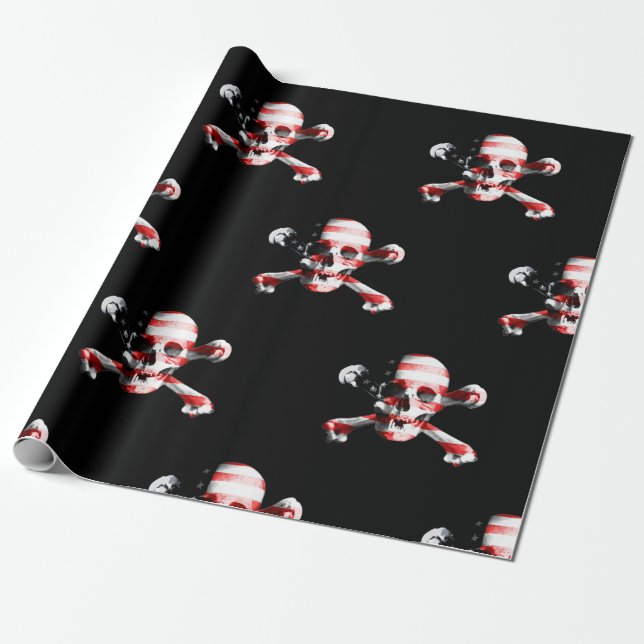 Papel De Regalo Fun American Pirate Skull sobre negro (Desenrollado)