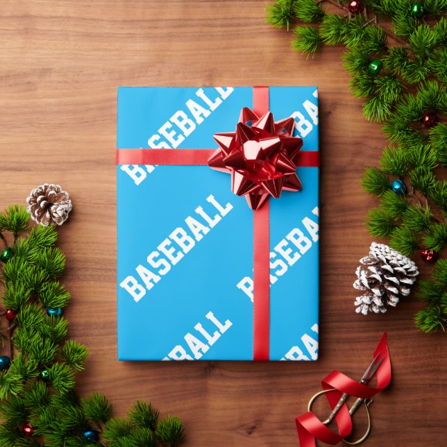 Papel De Regalo Fun Athletic Azure Blue White BASEBALL Text  (Regalo de vacaciones)