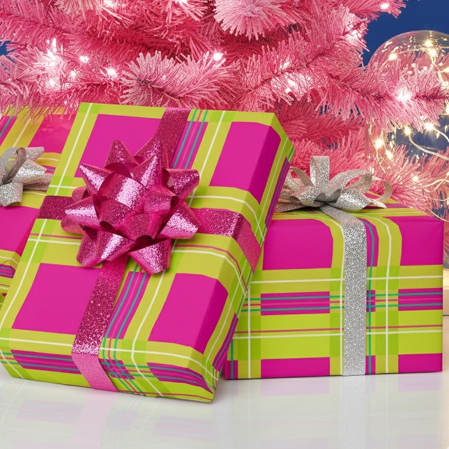 Papel De Regalo Fun Bright Tartan Plaid Hot Pink Christmas (Unique bright colorful hot pink and green Christmas wrapping paper. Tartan with a twist! )