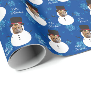 Papel De Regalo Fun Gato Face Snowman Feliz Navidad Envoltura espa