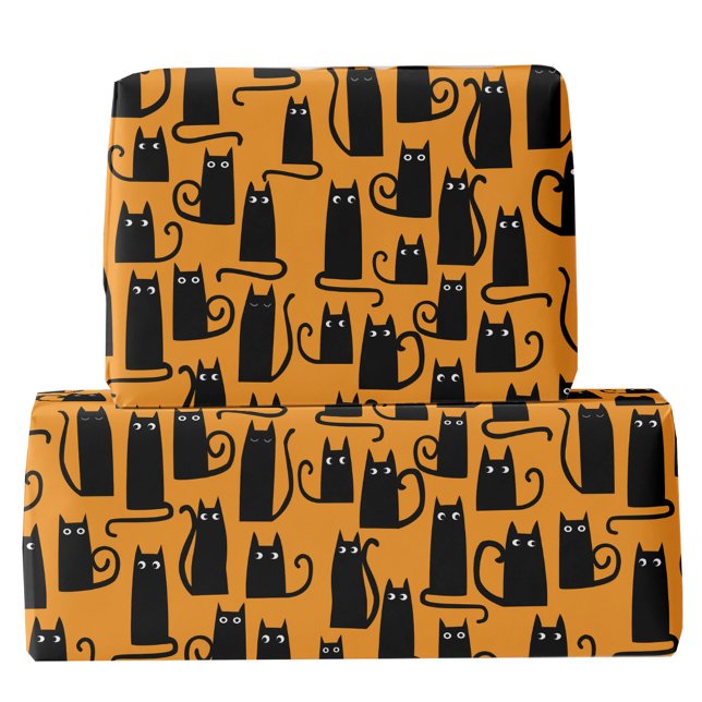 Papel De Regalo Fun Halloween Black Cat Naranja (Fun Halloween black cat orange pattern gift wrapping paper roll)