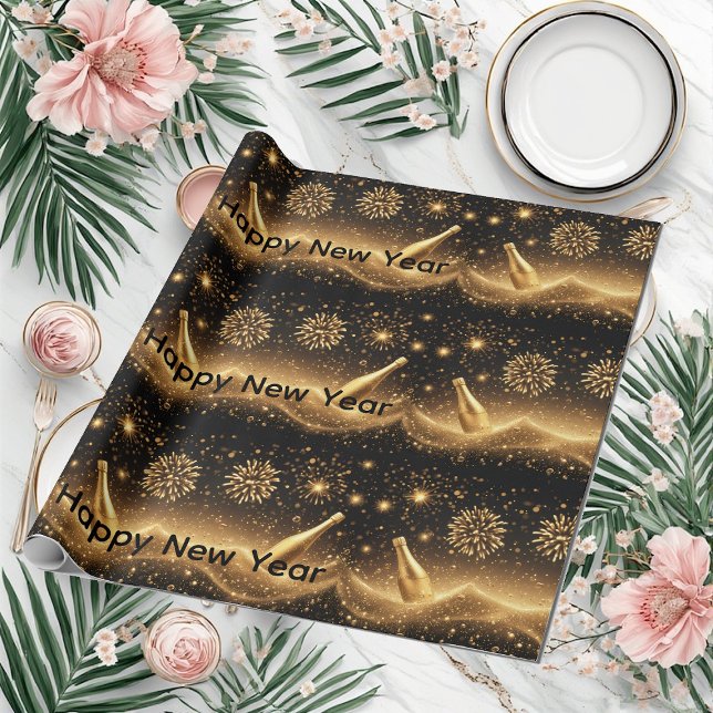 Papel De Regalo Fun Midnight Gold Champagne Dreams Happy New Year  (Fun Midnight Gold Champagne Dreams Happy New Year Wrapping Paper)