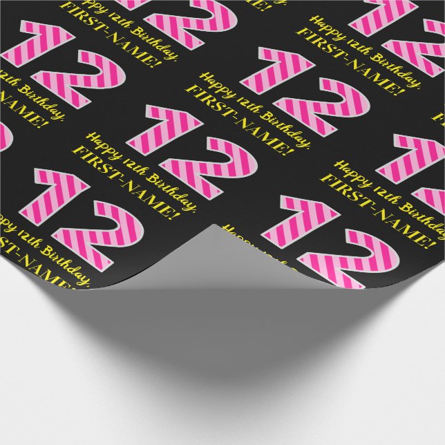 Papel De Regalo Fun Pink Stripes "12"; Feliz 12 cumpleaños; Nombre (Esquina)
