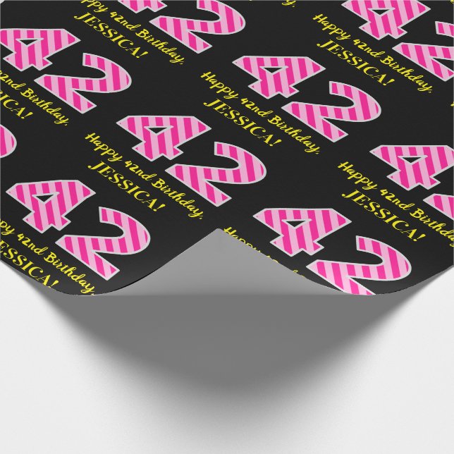Papel De Regalo Fun Pink Stripes "42"; Feliz cumpleaños número 42; (Esquina)