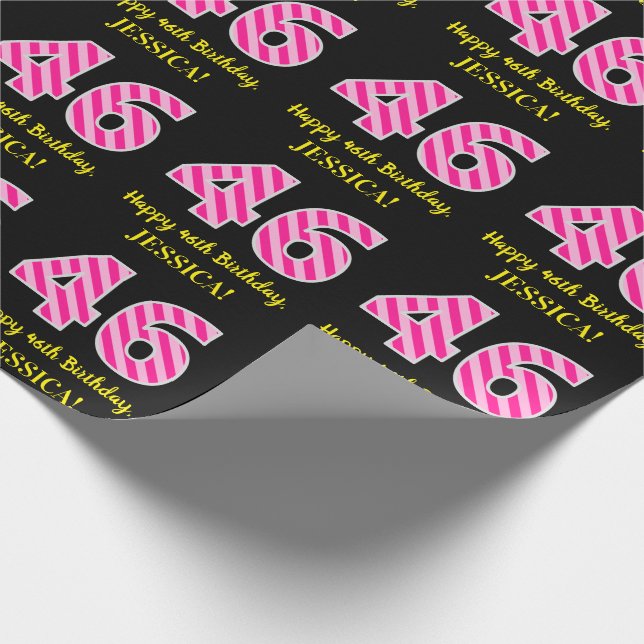 Papel De Regalo Fun Pink Stripes "46"; Feliz 46º Cumpleaños; Nombr (Esquina)