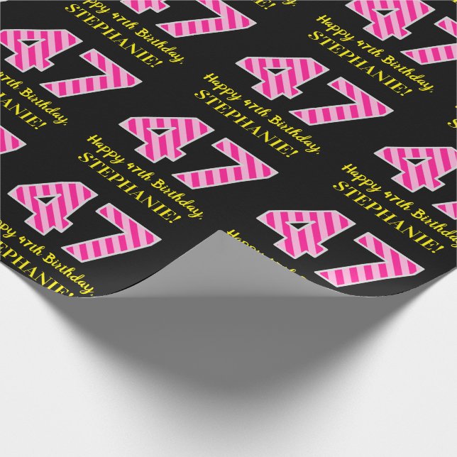 Papel De Regalo Fun Pink Stripes "47"; Feliz cumpleaños 47; Nombre (Esquina)