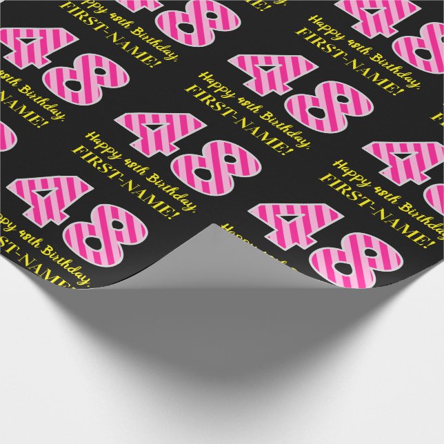 Papel De Regalo Fun Pink Stripes "48"; Feliz cumpleaños 48; Nombre (Esquina)