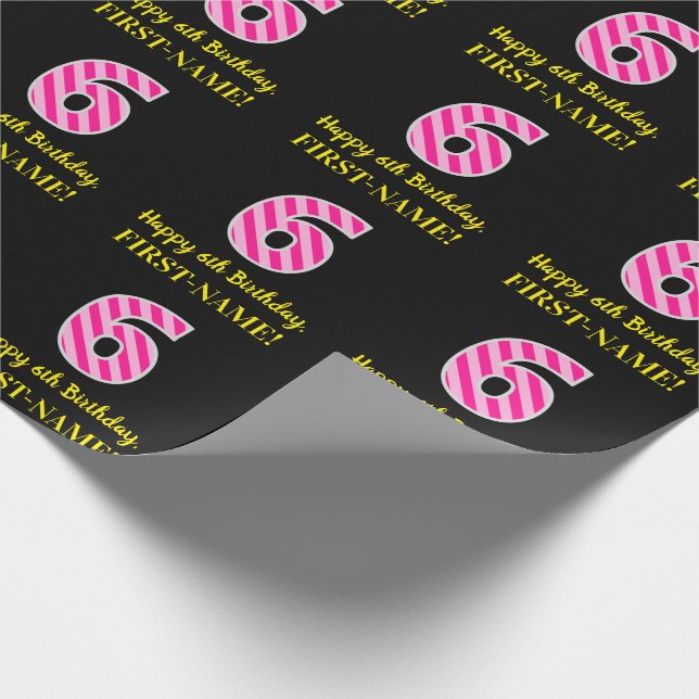 Papel De Regalo Fun Pink Stripes "6"; Feliz sexto cumpleaños; Nomb (Esquina)
