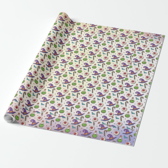Papel De Regalo Fun Purple Halloween, Green Magic Witchtle Bottle  (Desenrollado)