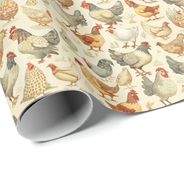 Papel De Regalo Fun roosters chickens tiled pattern  (Esquina del rollo)