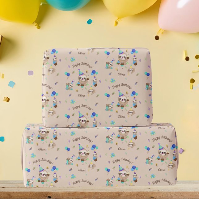 Papel De Regalo Fun Sloth Birthday Party Blue Theme Kids (Subido por el creador)
