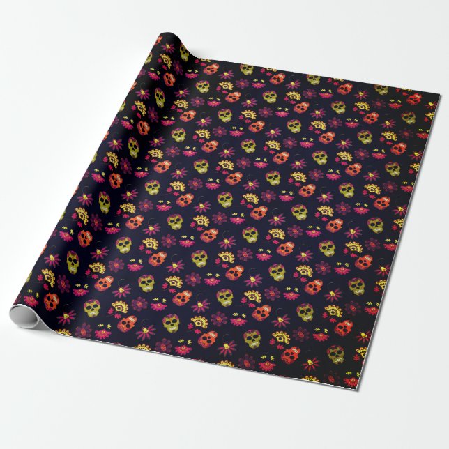 Papel De Regalo Fun Sugar Skull Floral Mandala (Desenrollado)
