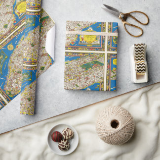 Papel De Regalo Fun Vintage 1926 Mapa de Manhattan Pictorial Resta