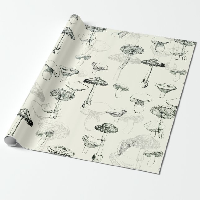 Papel De Regalo Funky Moderno Retro Sage Green Mushrooms (Desenrollado)