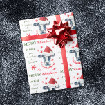 Papel De Regalo Funny Cow Cowabunga Navidades personalizados<br><div class="desc">Este lindo papel de envolver de regalo de Holiday presenta una vaca blanca y negra con un sombrero de Santa Claus rojo y blanco. Alrededor del retrato de vaca hay copos de nieve rojos ornamentados. El texto dice "¡Cowabunga!", y el texto verde y rojo dice "Feliz Navidad". También hay campos...</div>