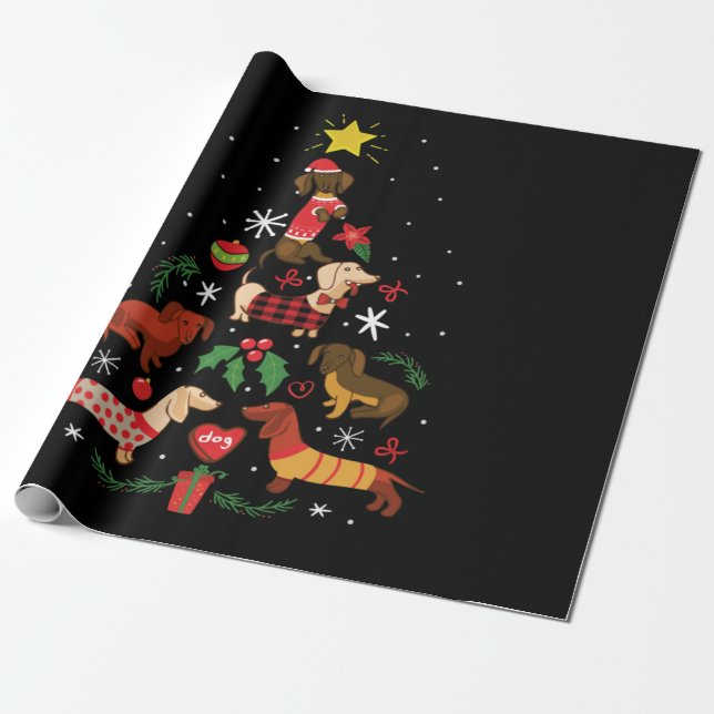 Papel De Regalo Funny Dachshund Christmas Tree (Desenrollado)