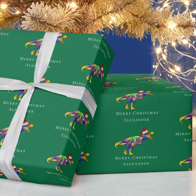 Papel De Regalo Funny Dinosaur Merry Christmas Personalizado (Funny christmas T-Rex colorful dinosaur personalized boy name green holiday gift wrapping paper)
