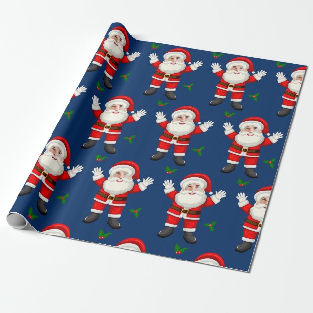Papel De Regalo Funny Feliz Navidad Personalizado Santa Face Blue (Desenrollado)