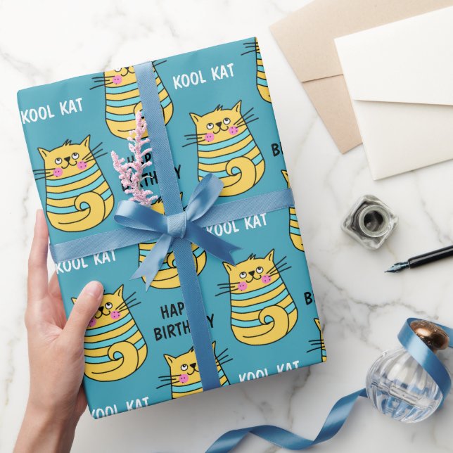 Papel De Regalo Funny Kool Kat Personalizado Blue Birthday (Regalar)