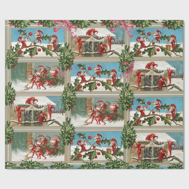 PAPEL DE REGALO FUNNY RED NAVIDADES ELVES, HOLLYBERRIES, MISTLETOR (Superficie plana)