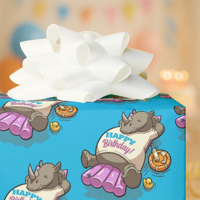 Papel De Regalo Funny Rhino Happy Birthday! Pool Party Cartoon (Subido por el creador)