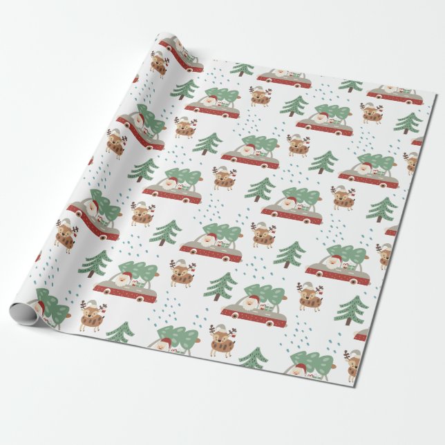 Papel De Regalo Funny Santa Claus Snowy Forrest Navidades (Desenrollado)