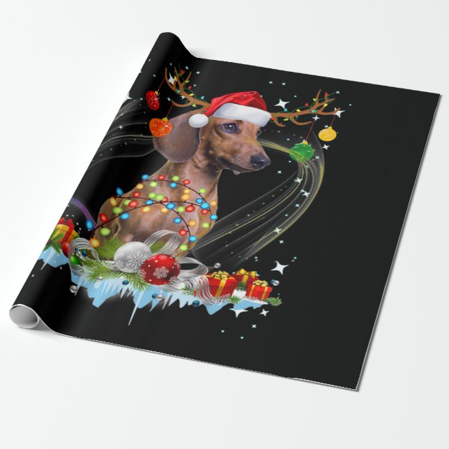 Papel De Regalo Funny Santa Dachshund Reindeer Light Navidades (Desenrollado)