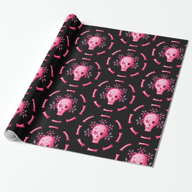 Papel De Regalo Funny Skull Design - Calavera rosa con gusano feli (Desenrollado)