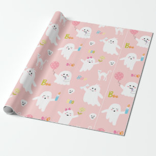 Papel De Regalo Funny White Ghost Pink With Balloon Halloween
