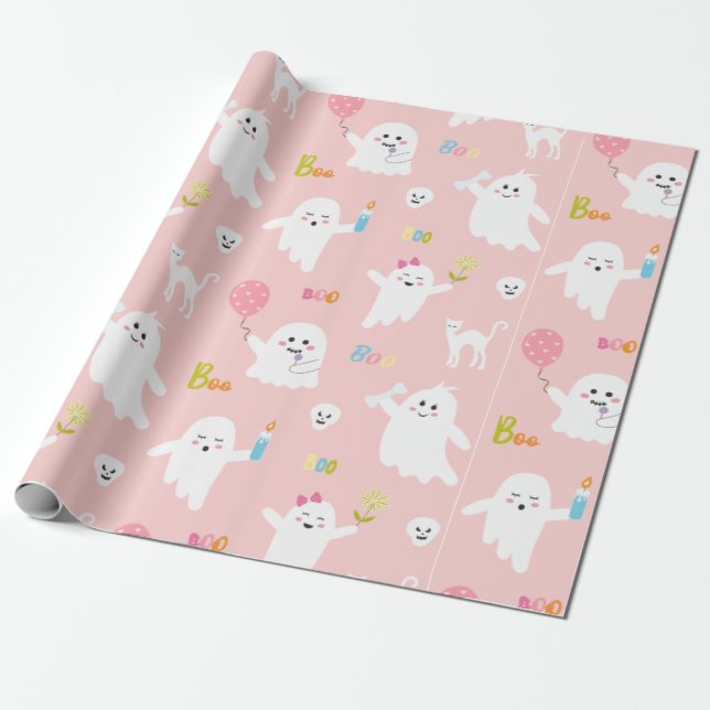 Papel De Regalo Funny White Ghost Pink With Balloon Halloween (Desenrollado)