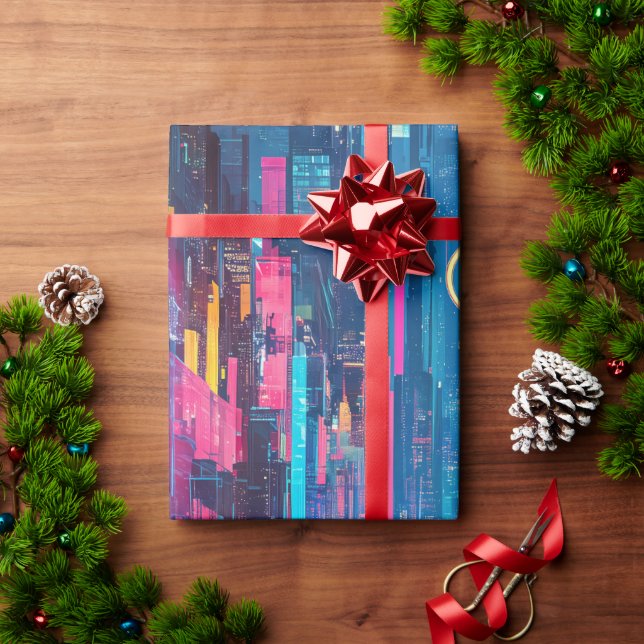 Papel De Regalo Futuristic Vibrant Neon Night Cityscape (Regalo de vacaciones)