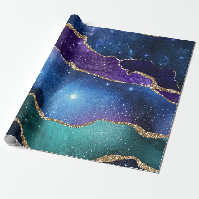 Papel De Regalo Galaxia Azul rosa Agate Faux Gold Purpurina (Desenrollado)