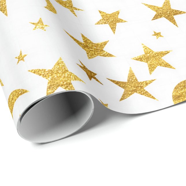 Papel De Regalo Galaxia blanca Stars Moon Sky Gold Moda elegante (Esquina del rollo)