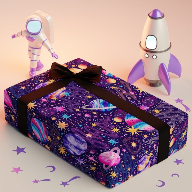 Papel De Regalo Galaxia del espacio exterior con planetas galaxias (Outer space Galaxy with Planets Galaxies and Stars Wrapping Paper)