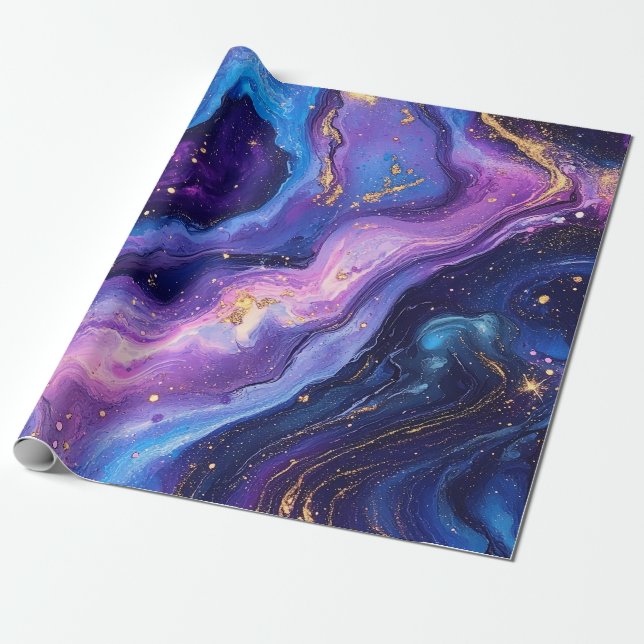 Papel De Regalo Galaxia dorada magenta azul púrpura impresionante (Desenrollado)