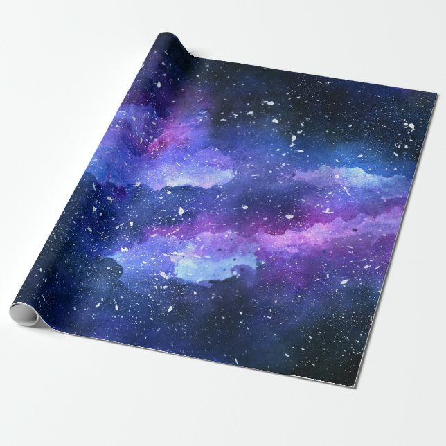 Papel De Regalo Galaxia Espacio Universo Acuarela Púrpura (Desenrollado)