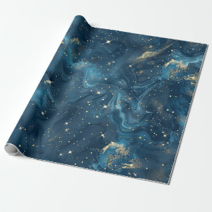 Papel De Regalo Galaxia Nebulosa Celeste de Oro Azul Estrellas
