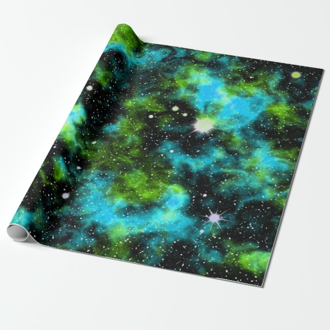 Papel De Regalo Galaxia verde azul Estrellas espaciales cósmicas N (Desenrollado)