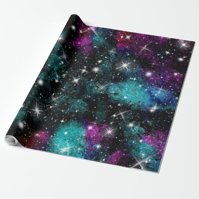 Papel De Regalo Galaxia Violeta Verde Estrella Vía Láctea (Desenrollado)